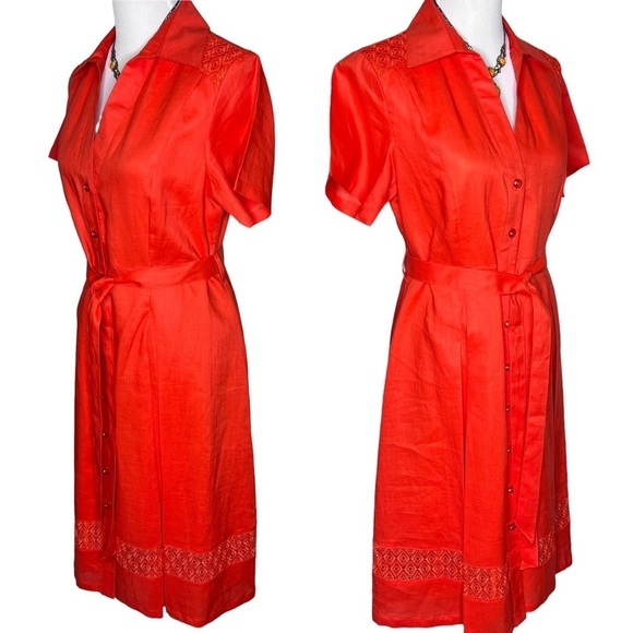 Lino USA Red Linen V-Neck Button Down Short Sleeve Belted Midi Shirt Dress Sz S - Picture 3 of 16